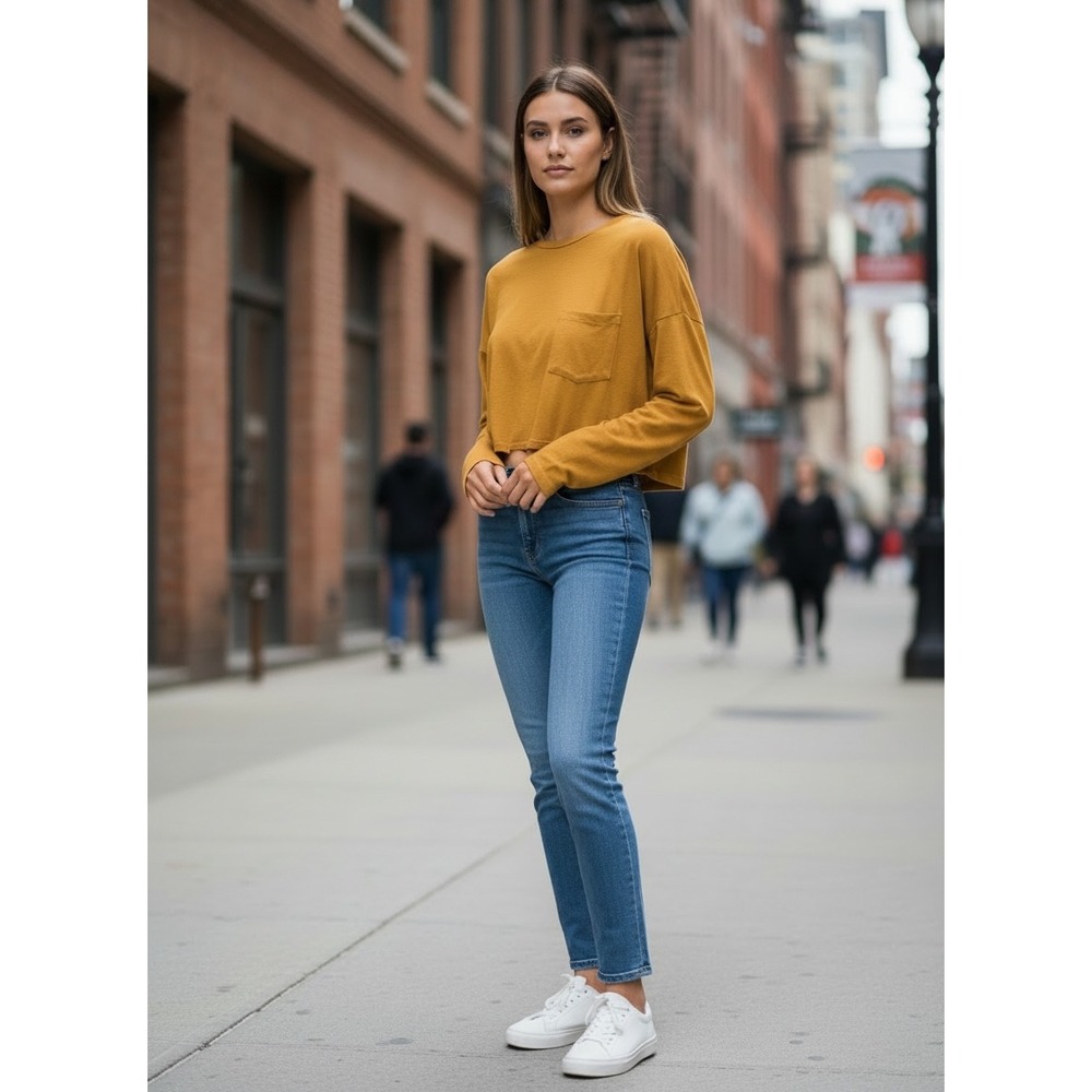 Charlotte Russe Mustard Yellow Boxy Crop Top Long Sleeve Pocket Tee Medium